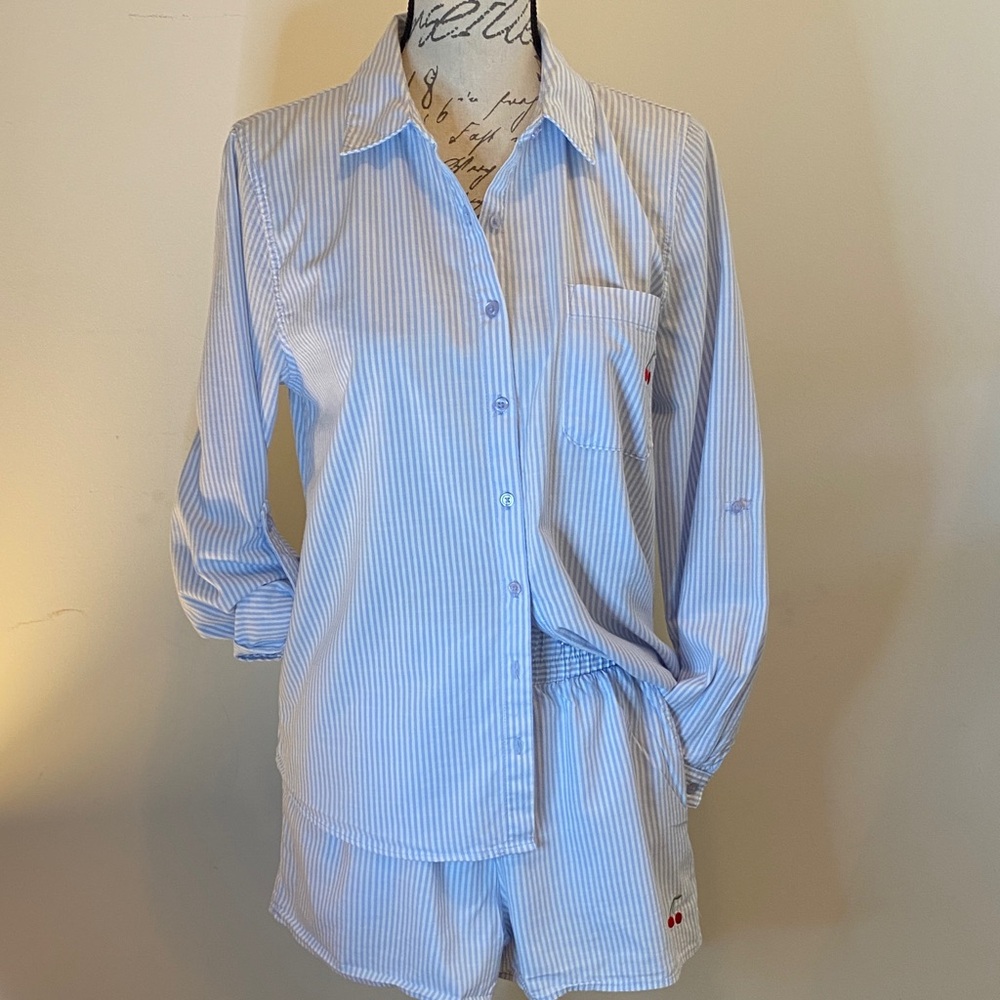 Light Blue & White Striped Pajama Set with cherry embroidery S/M